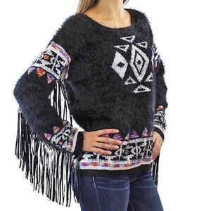 Elan Tribal Boho Astec Festival Fringed Fuzzy Sweater SZ M